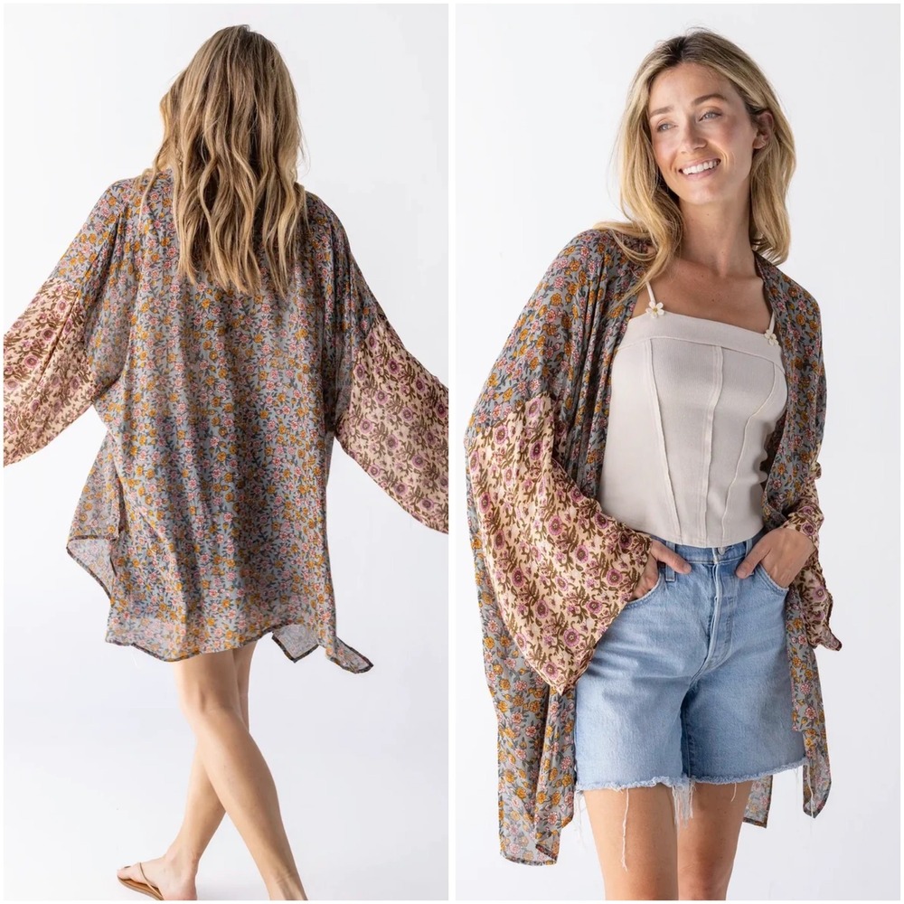 Natural Life Sierra Kimono Mustard Pink Floral Oversized Top L/XL NWT Boho